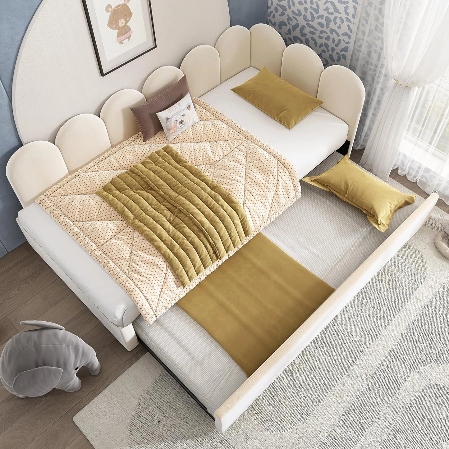 Lit de jour en velours beige avec lit gigogne intégré, 90x200 cm, canapé-lit double
