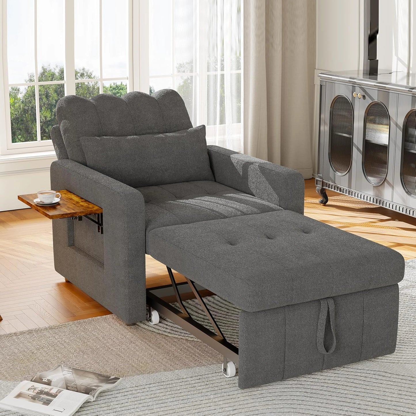 Fauteuil-Lit 3-en-1 avec Matelas et Rangement, Ajustable et Compact pour Salon